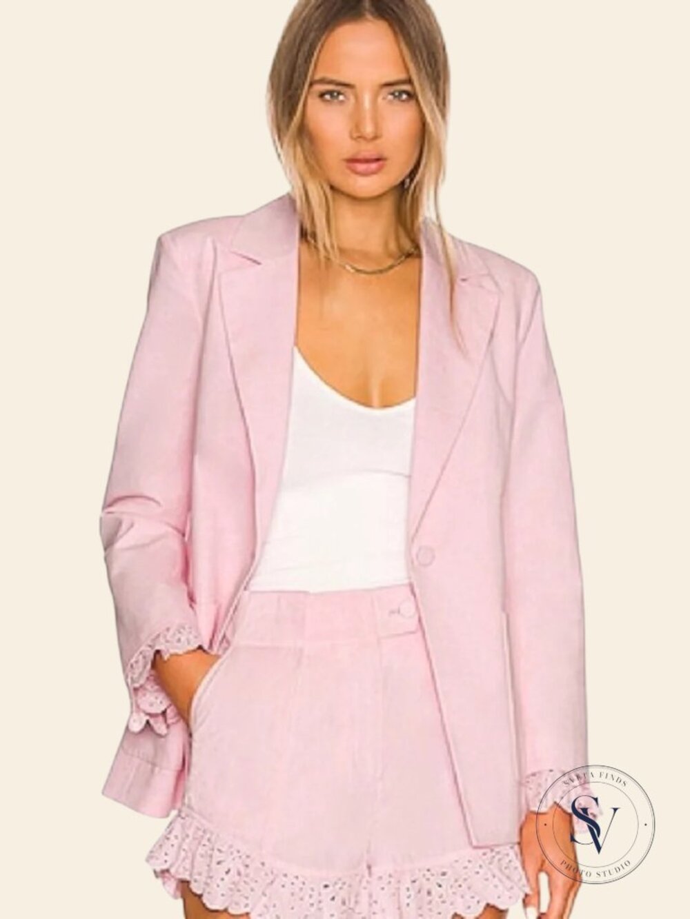 Something Navy Eyelet Cuff Linen Blend Blazer Light Pink Size M